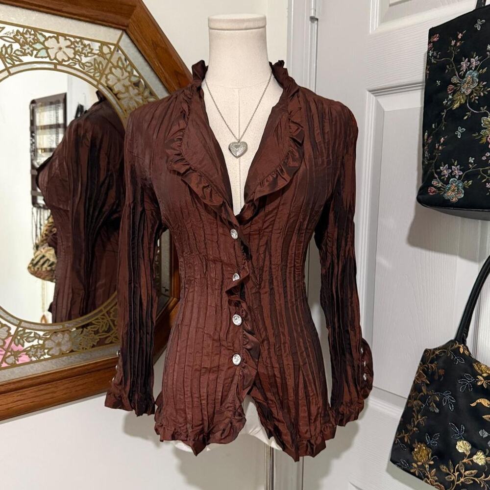 VTG Y2K 23rdst Dark Metallic Brown Crinkle Mid Sleeve Rhinestone Button Top M